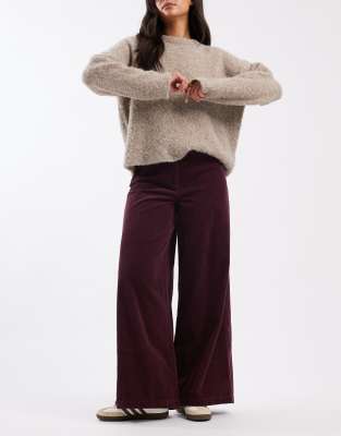 Asos Design Super Wide Leg Corduroy Pants With Tab Details In Burgundy