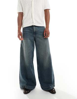 super wide leg jeans in dark wash blue