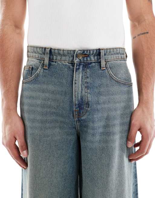 ASOS DESIGN super wide leg jeans with seam details in mid wash blue