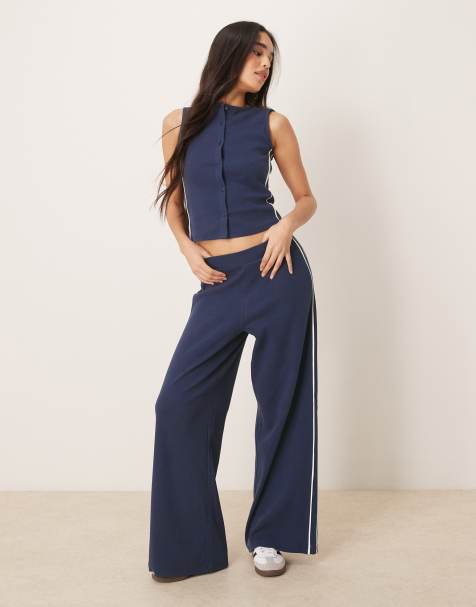 ASOS DESIGN super wide leg pants with contrast piping in navy - part of a set - view 1