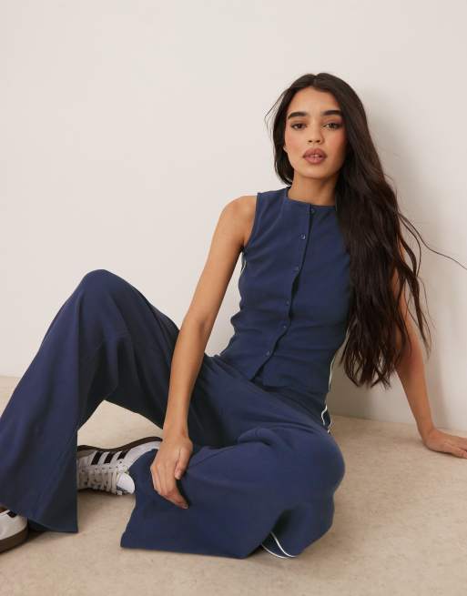 ASOS DESIGN super wide leg pants with contrast piping in navy - part of a set