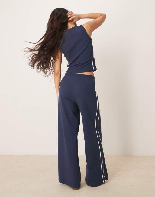 ASOS DESIGN super wide leg pants with contrast piping in navy - part of a set