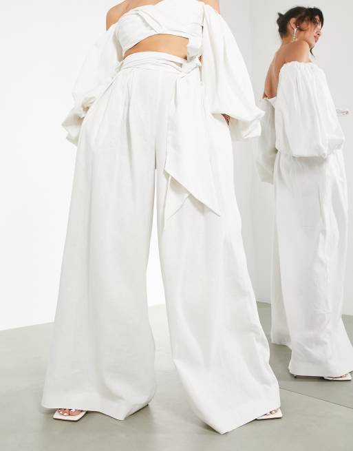 ASOS DESIGN super wide leg pants with tie front in ivory - part of a set