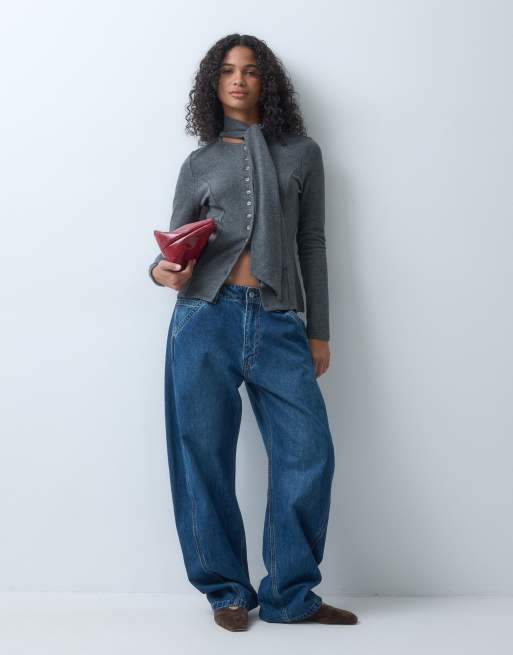 ASOS DESIGN superblød cardigan-top med halsdetalje og knapper i kulgrå, 2 af 5