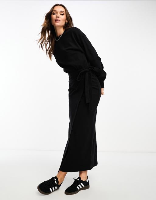ASOS DESIGN - Superblød langærmet midikjole i sort med slå om-skørt