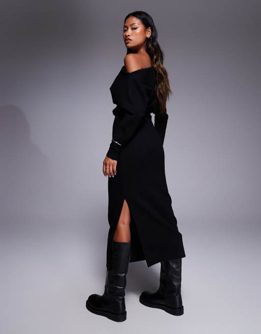 ASOS DESIGN - Superblød og sort midikjole med lange ærmer og sænket skulder, 3 af 4
