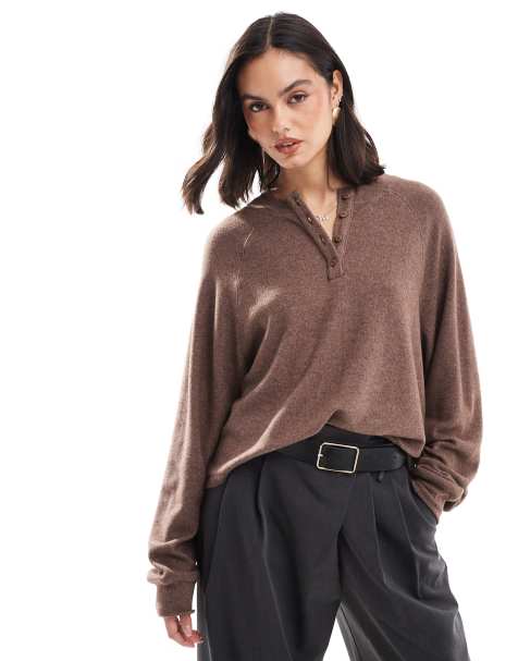 ASOS DESIGN - Superblød, oversized og brun Henley-top med firkantet pasform - view 1
