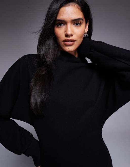 ASOS DESIGN - Superblød sort minikjole med ståkrave og flagermusærmer samt rynkede sider, 3 af 4