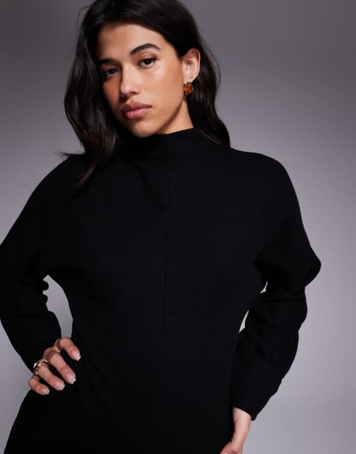 ASOS DESIGN - Superblød sort minikjole med ståkrave og flagermusærmer samt rynkede sider, 3 af 4