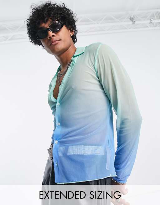ASOS DESIGN – Superdünnes Netzhemd mit Farbverlauf in Blau und Grün 