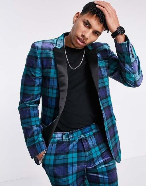 ASOS DESIGN – Supereng geschnittene Smokingjacke aus kariertem Samt in Blau