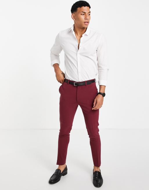ASOS DESIGN – Superenge Anzughose in Burgunderrot
