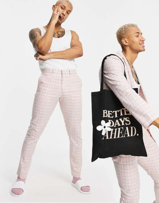 ASOS DESIGN – Superenge, weiche Anzughose in Rosa mit Schottenmuster