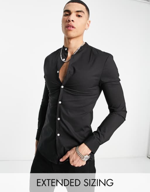 ASOS DESIGN – Superenges, körperbetontes Hemd in Schwarz mit farblich abgesetzten Knöpfen
