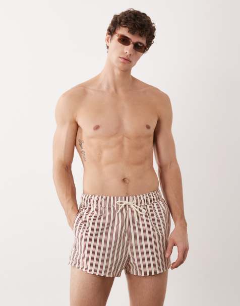 ASOS DESIGN - Superkorte gestreepte zwemshort in crème en bordeauxrood - view 1
