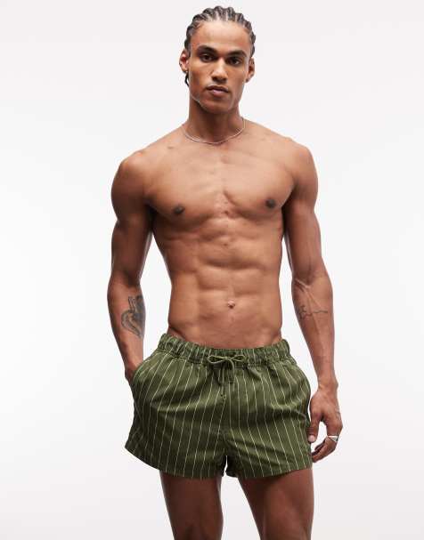 ASOS DESIGN - Superkorte zwemshort in kaki met witte krijtstreep - view 1