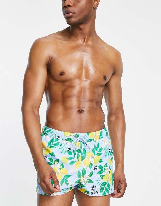 ASOS DESIGN - Superkorte zwemshort met citroenprint in lichtblauw