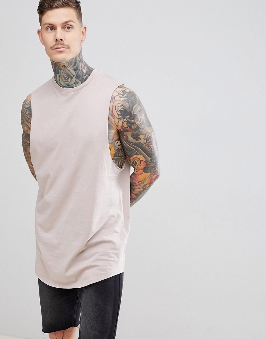 ASOS DESIGN - Superlang mouwloos T-shirt met ronde hals, verlaagde armsgaten en ronde zoom in beige-Roze