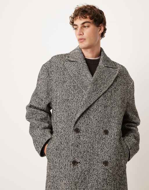 ASOS DESIGN - Superlange oversized overjas met wollook en visgraatmotief in zwart, 2 van 5