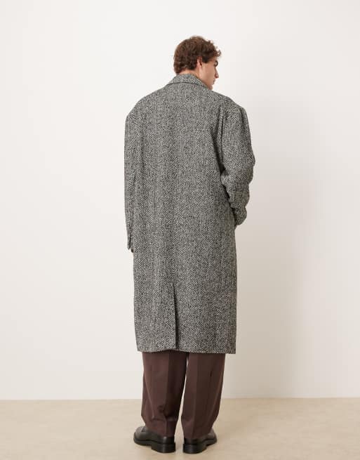 ASOS DESIGN - Superlange oversized overjas met wollook en visgraatmotief in zwart, 3 van 5