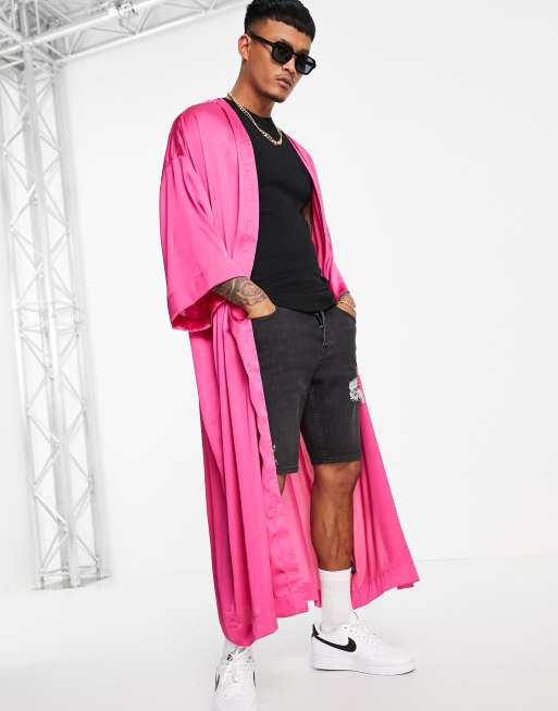 ASOS DESIGN - Superlange satijnen kimono in felroze, deel van co-ord set