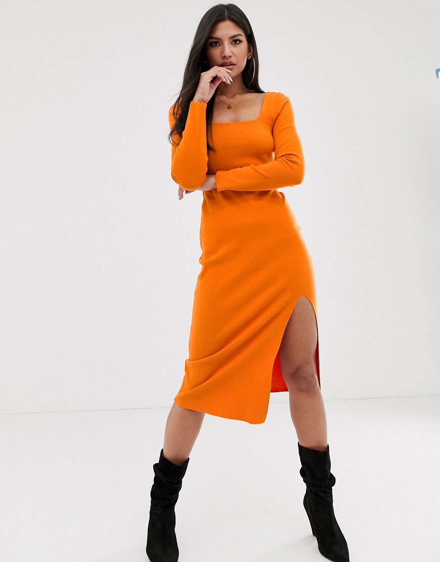 ASOS DESIGN – Supermjuk midiklänning med lång ärm och fyrkantig halsringning-Orange