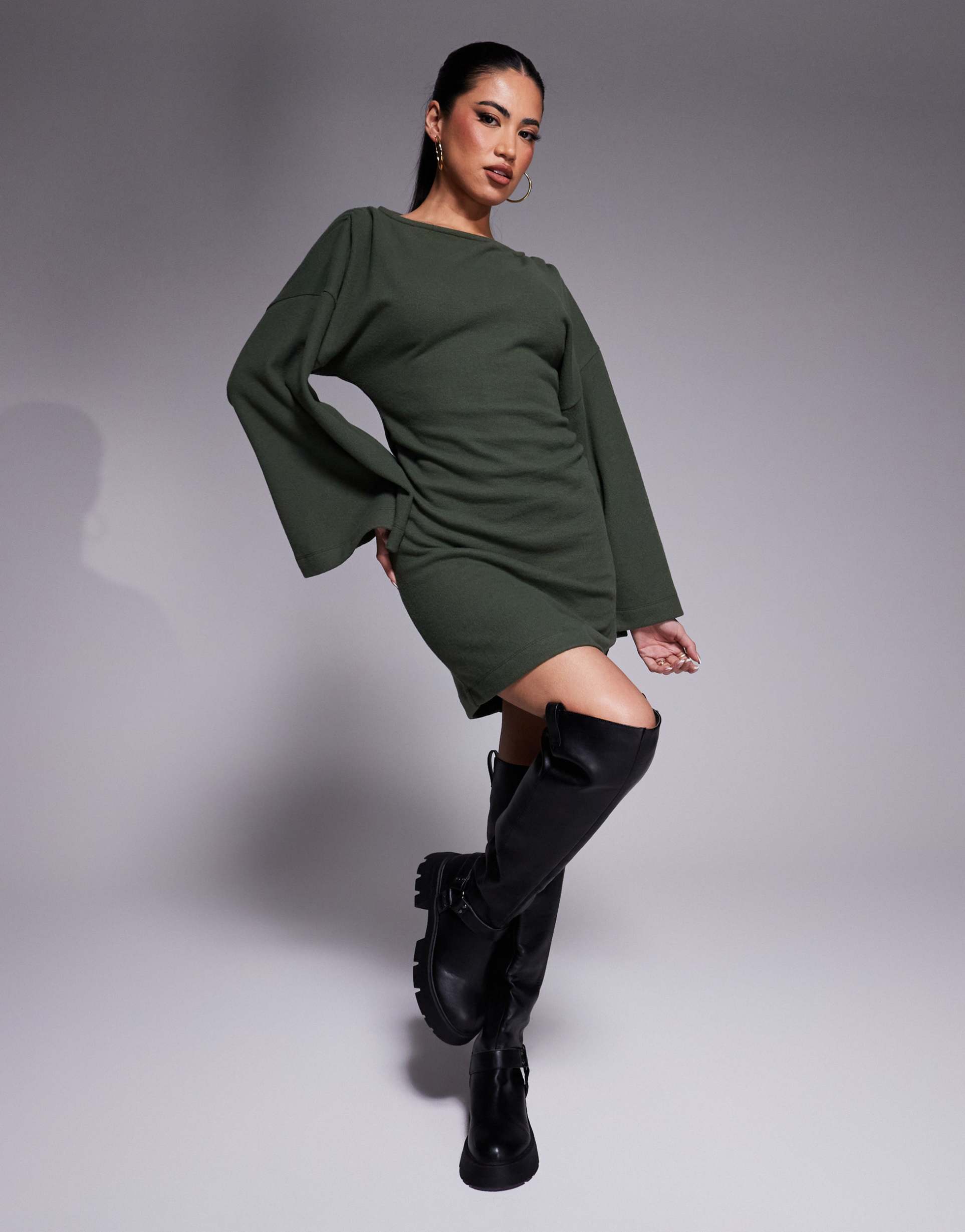 asos design superosft grown on sleeve mini dress in khaki