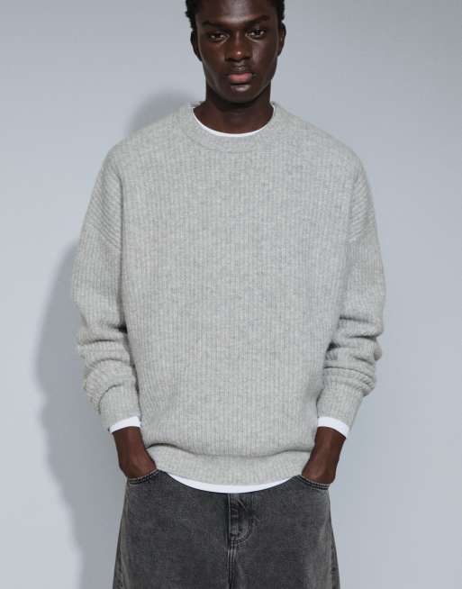 ASOS DESIGN superoversize stickad tröja i ullmix med ribb i gråmelerad, 3 av 7