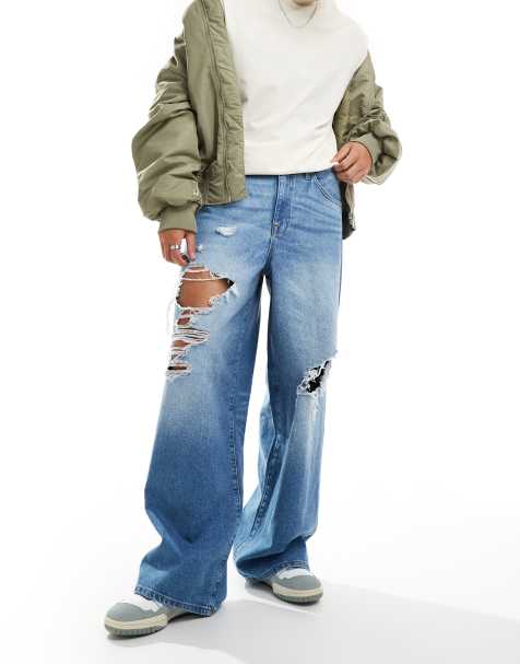 ASOS DESIGN - Superposede jeans med kraftige flænger i blå vask - view 1
