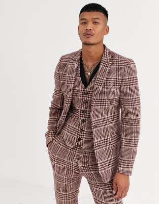 ASOS DESIGN super skinny suit jacket in burgundy and camel wool blend check-Red Red