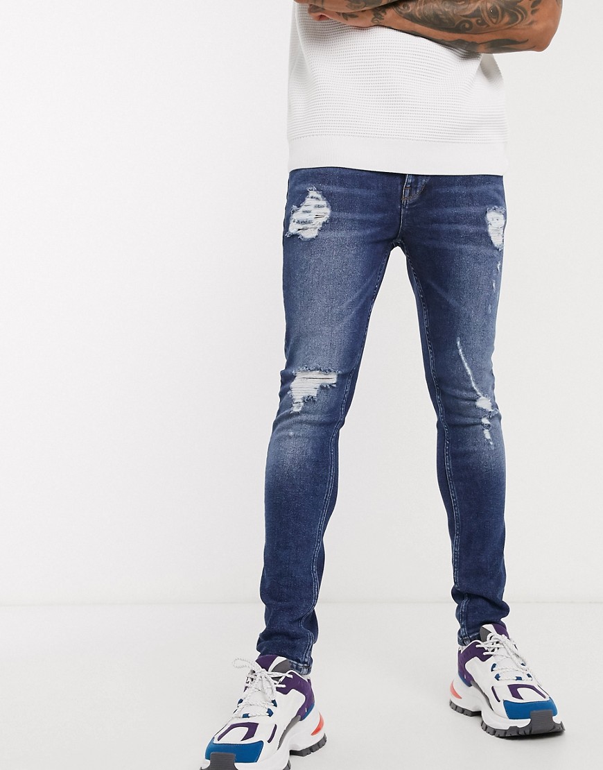 ASOS DESIGN - Superskinny jeans in vintage dark wash blauw met grote scheuren