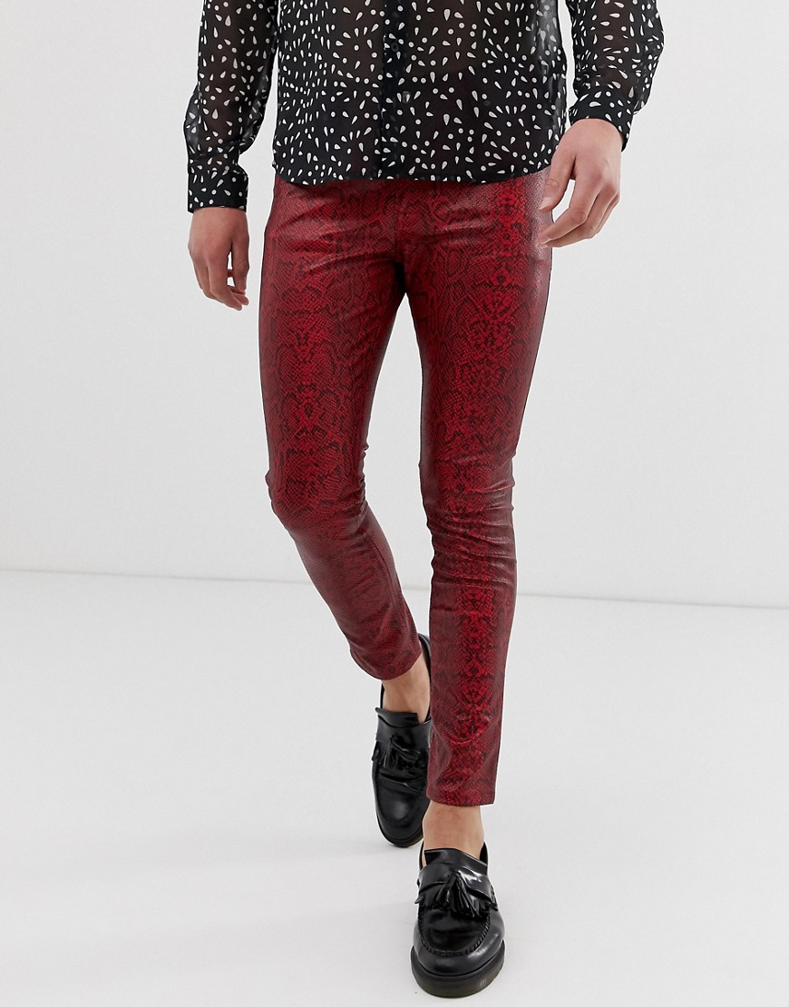 ASOS DESIGN - Superskinny jeans met coating, leer-look en rode slangenhuid-Rood