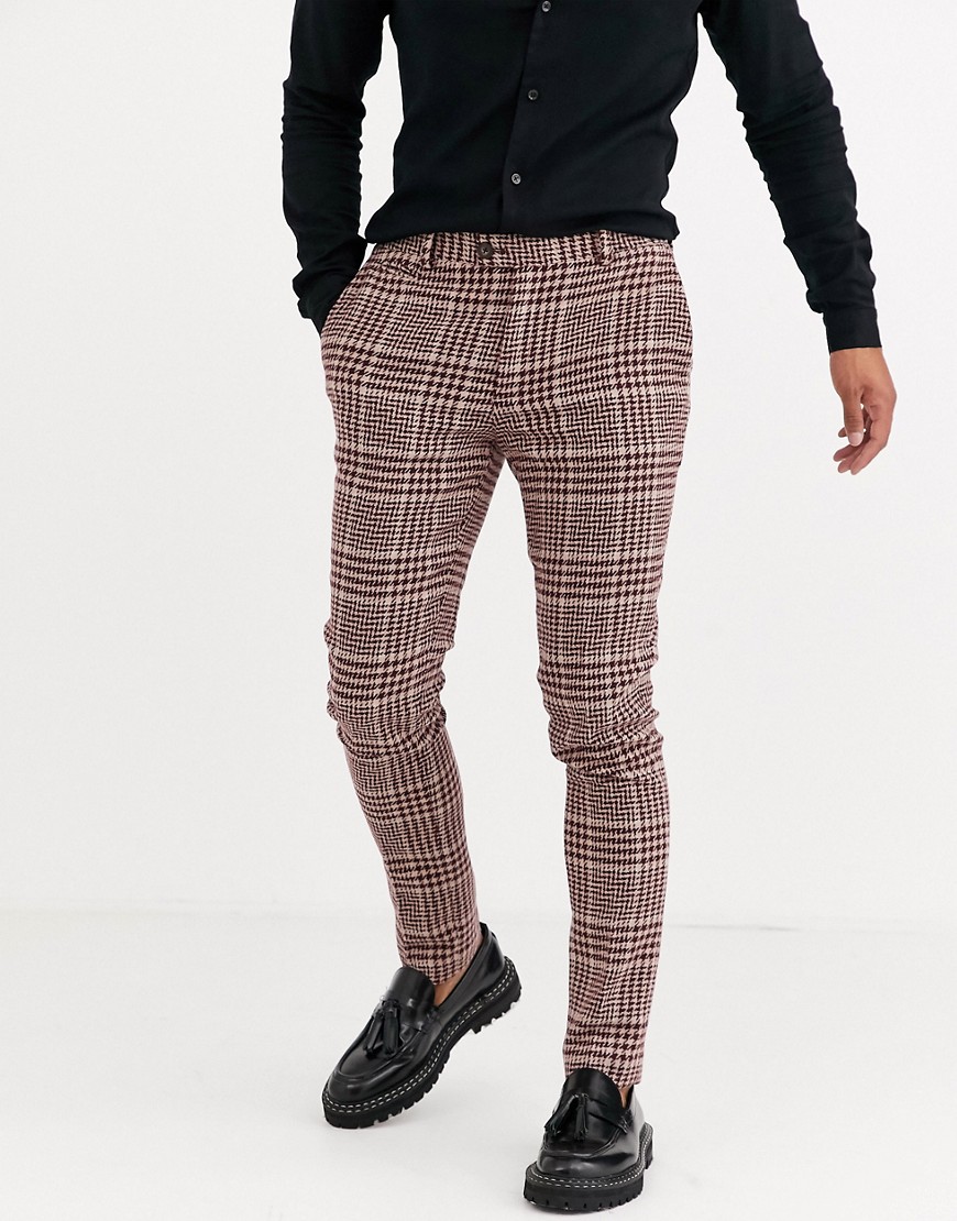 ASOS DESIGN - Superskinny pantalon in bordeaux en geruite lichtbruine wolmix-Rood