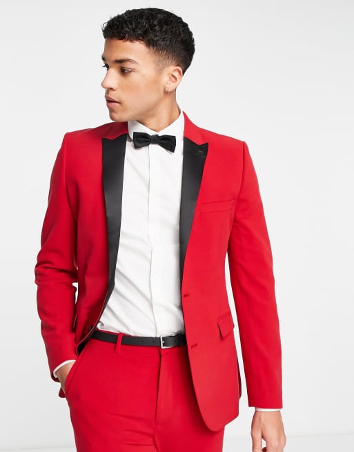 ASOS DESIGN - Superskinny smokingcolbert in rood met zwarte revers