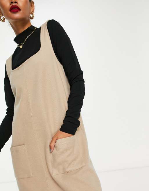 ASOS DESIGN supersoft 2 in 1 square neck pinny mini sweater dress in camel  and black | ASOS