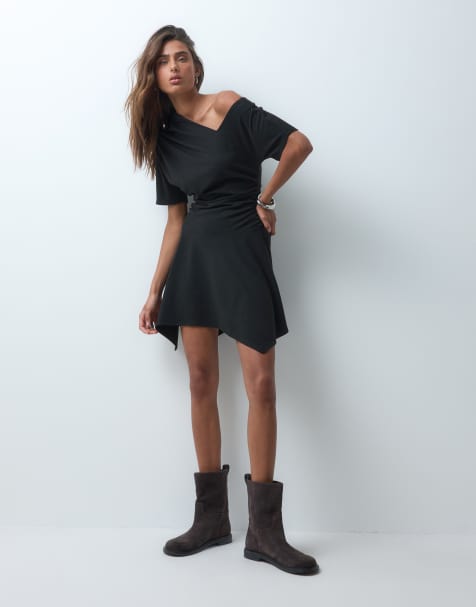 ASOS DESIGN supersoft asymmetric handkerchief hem mini dress in black - view 1