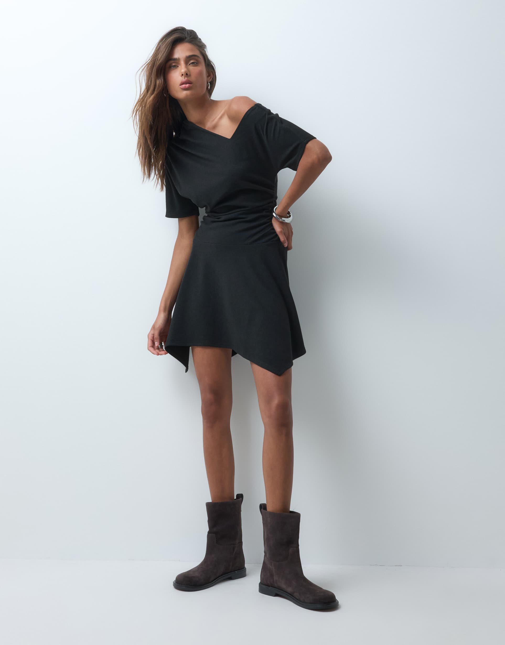 asos design supersoft asymmetric handkerchief hem mini dress in black