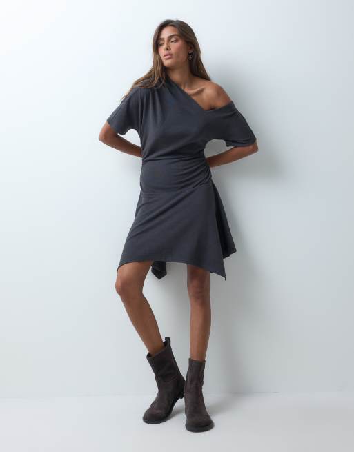 ASOS DESIGN supersoft asymmetric hanky hem mini dress in charcoal, 2 of 5