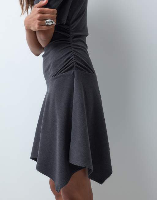 ASOS DESIGN supersoft asymmetric hanky hem mini dress in charcoal, 3 of 5