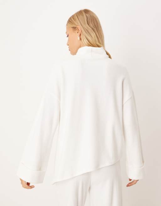 ASOS DESIGN Supersoft asymmetric jumper with turn back cuff in winter white - WHITE, 3 of 4