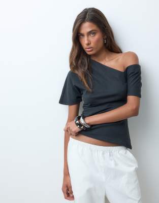 Asos Design Supersoft Asymmetric Neck Top In Black