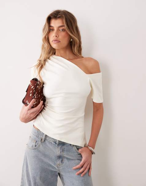 ASOS DESIGN supersoft asymmetric neck top in neutral - view 1