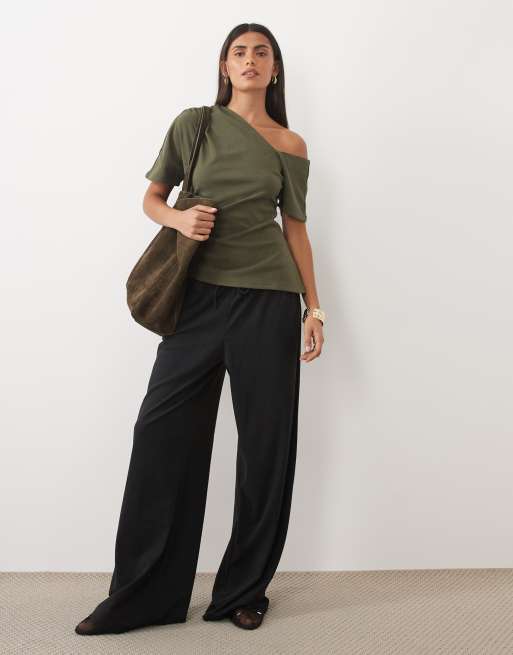 ASOS DESIGN supersoft asymmetric neck top in olive, 2 of 4