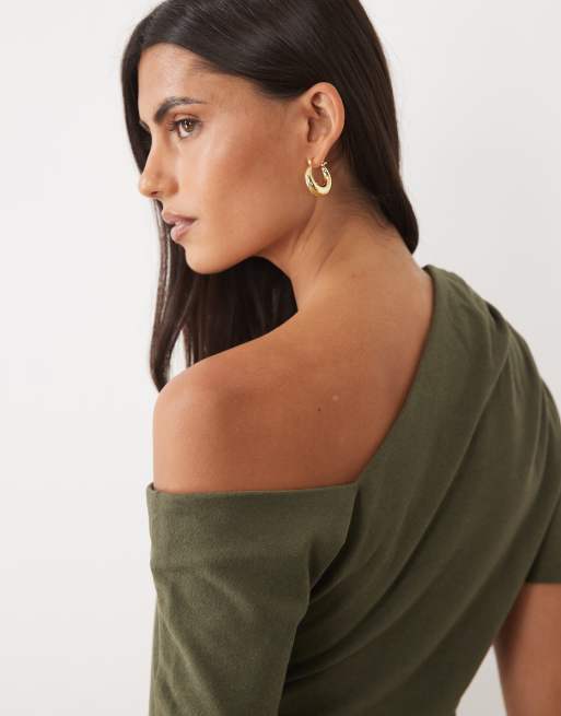 ASOS DESIGN supersoft asymmetric neck top in olive, 3 of 4