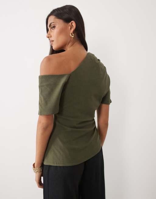 ASOS DESIGN supersoft asymmetric neck top in olive, 4 of 4