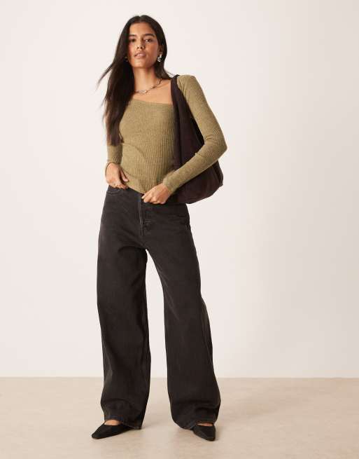 ASOS DESIGN Supersoft asymmetric neck waist detail long sleeve top in dark olive, 2 of 4