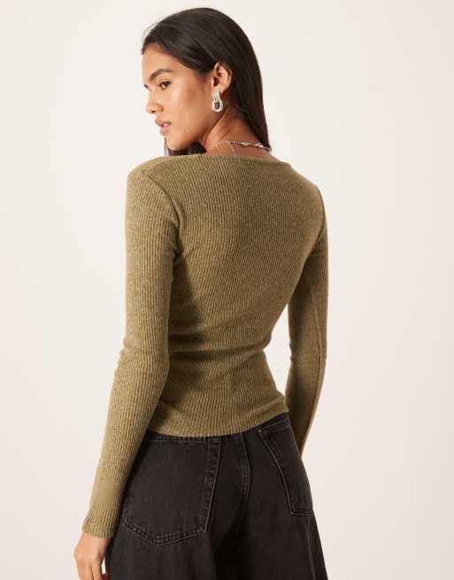 ASOS DESIGN Supersoft asymmetric neck waist detail long sleeve top in dark olive, 3 of 4