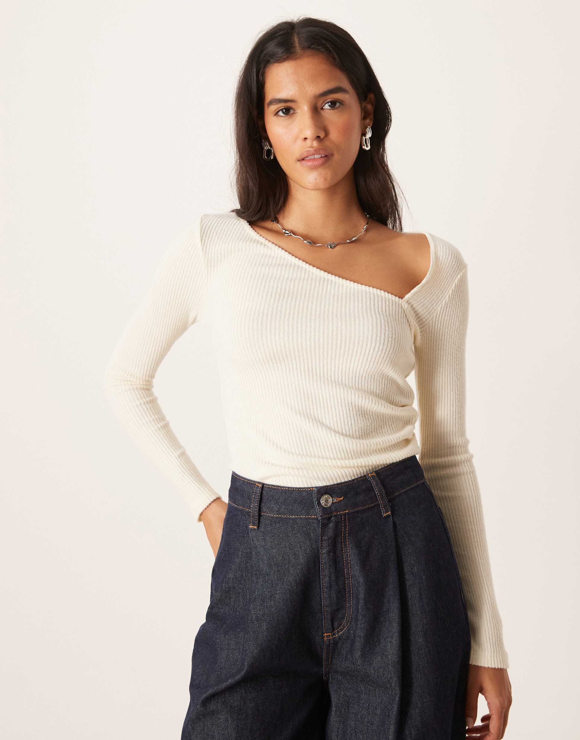 asos design supersoft asymmetric neck waist detail long sleeve top in white