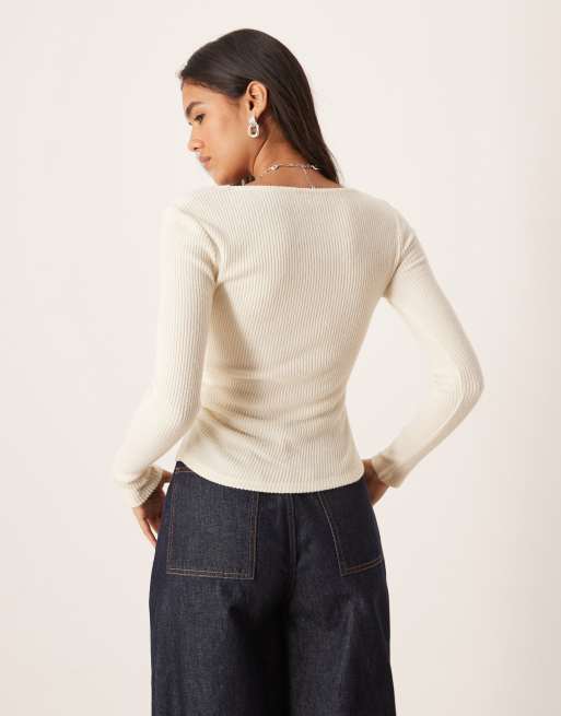 ASOS DESIGN Supersoft asymmetric neck waist detail long sleeve top in white, 3 of 4
