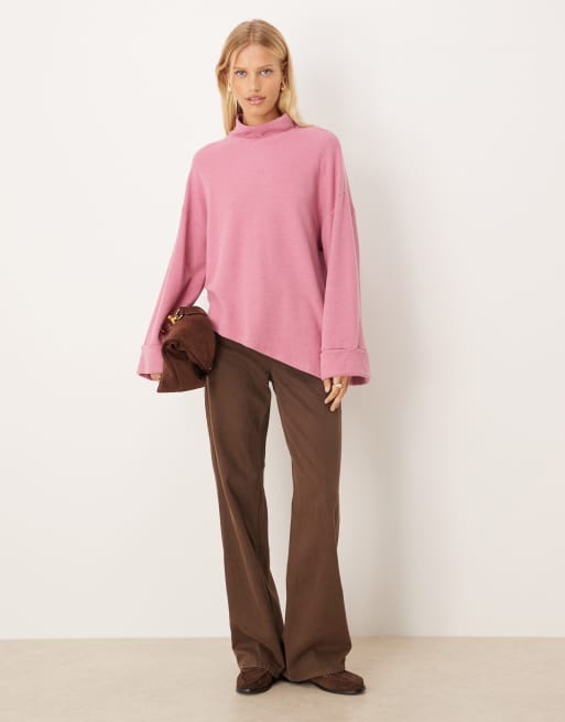 ASOS DESIGN Supersoft asymmetric sweater with turn back cuff in pink, 2 of 4